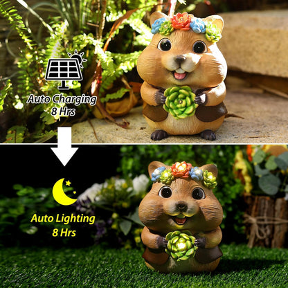 Solar Garden Decor Outdoor Statues Hamster with Succulent and LED Lights Birthday Gifts for Women