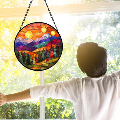 Stained Glass Window Hanging, Sunset Abstract Sun Catchers Colorful Glass Panel Landscape