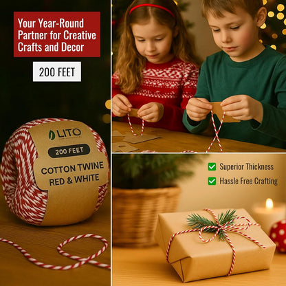 Red and White Organic Twine Cotton String - 200 Feet Wrapping, Baking, Butcher, Crafts, DIY