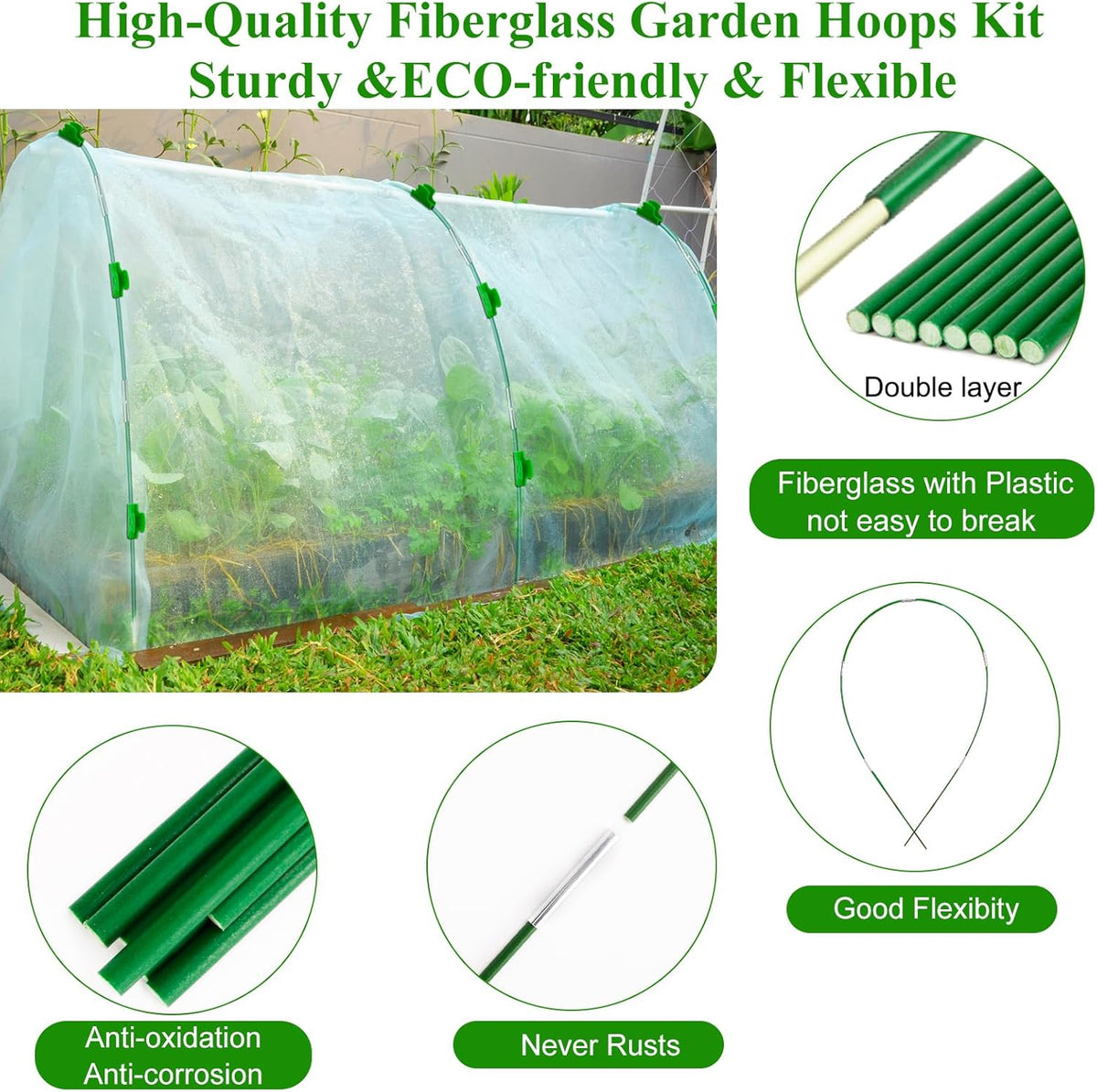 Garden Mesh Netting Kit,10 x 30FT Ultra Fine Netting with 6 Sets Fiberglass Garden Hoops for Raised