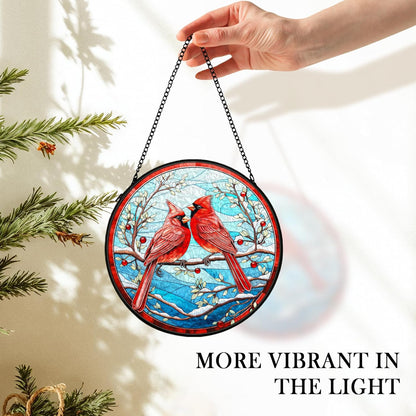 Cardinal Suncatcher Stained Glass Window Hanging Decor, Winter Christmas Cardinal Stained Glass