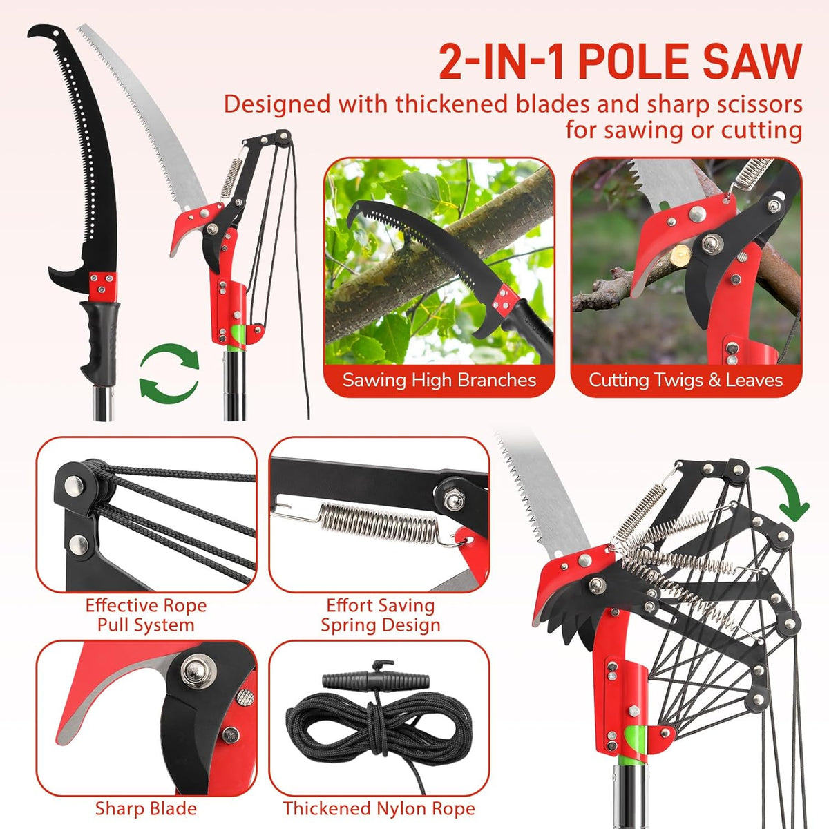 Outvita Manual Pole Saw, 26 Feet Extendable Tree Pruner with Knives and Storage Pocket, Sharp Steel