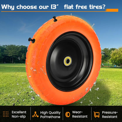 13" Flat Free Wheels Replacement for GOR Garden Cart Tires and Wheels, 4.00-6 Solid Tires and