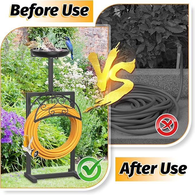 Garden Hose Holder Hanger Freestanding, Upgraded 4 Spikes Heavy Duty Storage Reel Stand with Bird