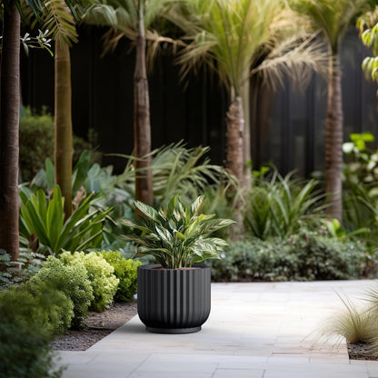 Kante Round Fulted Planter, 14 Inch Dia Large Concrete Plant Pots with Drainage Hole and Rubber
