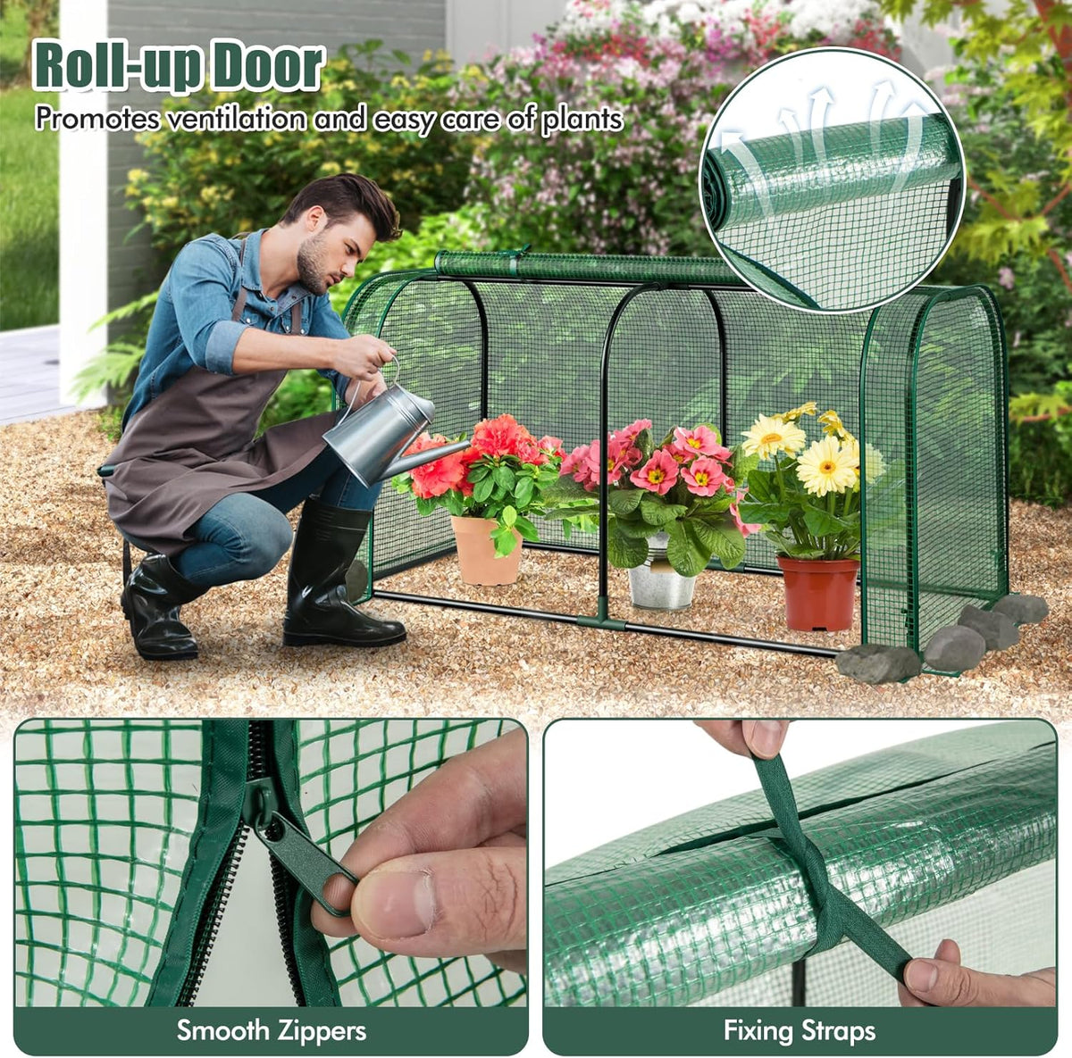 Happygrill Portable Mini Greenhouse, 47" x 22" x 24" Green House w/ Roll-up Zipper Door, Metal