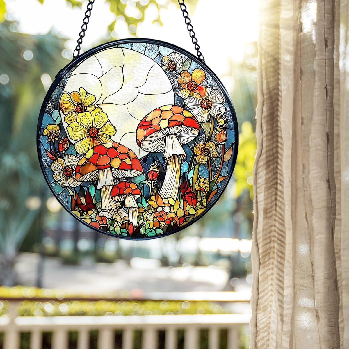 kdqua Mushroom Flower Suncatcher Stained Glass Window Hanging, Full Moon Mushroom Sun Catchers