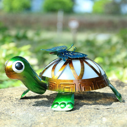 Solar Garden Outdoor Statues with Butterfly, Metal Garden Turtle Statue Solar Lights Outdoor