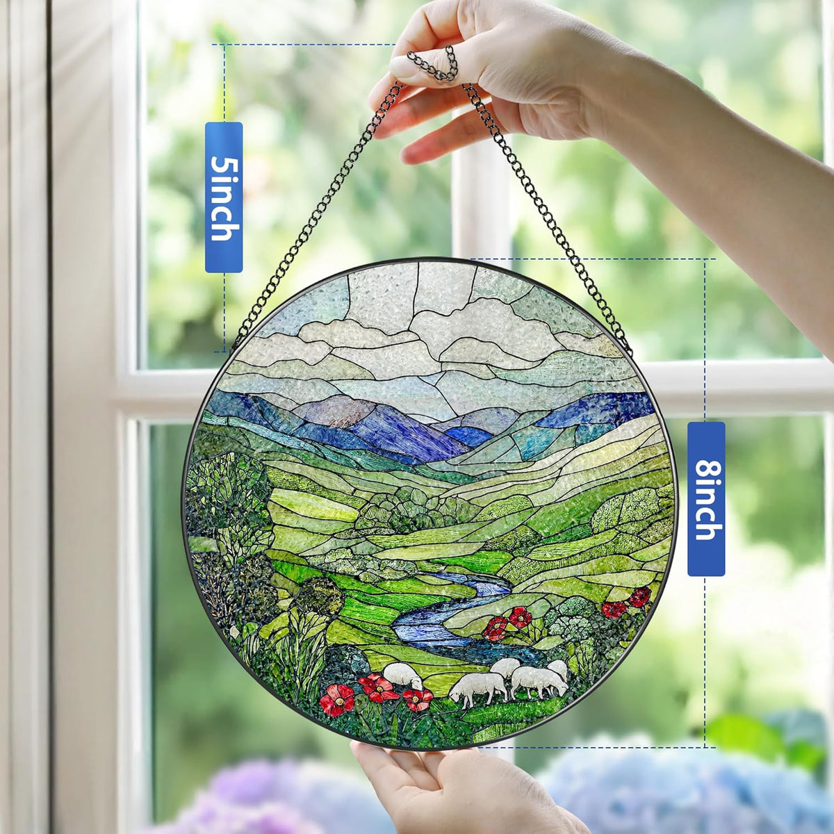 Stained Glass Window Hanging, Pauyadu 8 Inch Green Irish Hills Stained Glass Suncatcher, Window