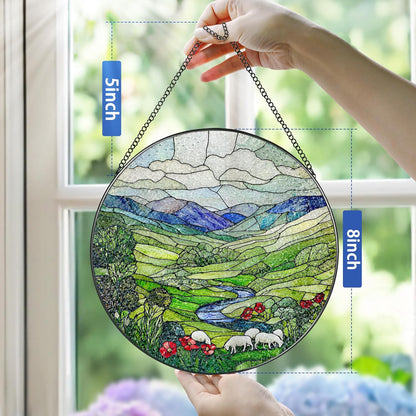 Stained Glass Window Hanging, Pauyadu 8 Inch Green Irish Hills Stained Glass Suncatcher, Window