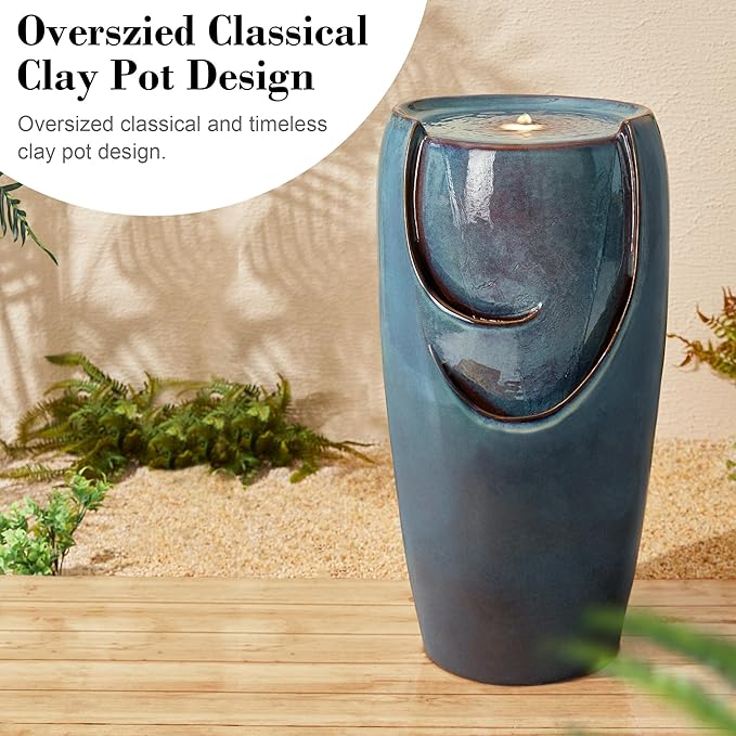 Glitzhome 29.25" H Oversized Ceramic Vase Outdoor Water Fountain Tall Patio Garden Water Fountain