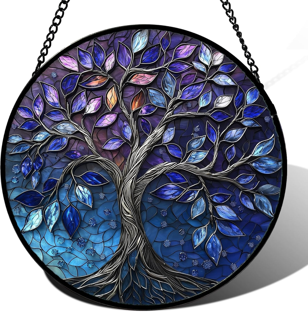 Stained Glass Window Hanging, Blue Purple Tree of Life Sun Catchers Colorful Glass Panel Plants