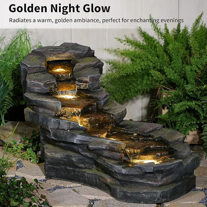 49" L Water Fountain Outdoor 5-Tiers Rock Natural Waterfall Fountains Floor Standing Water Features