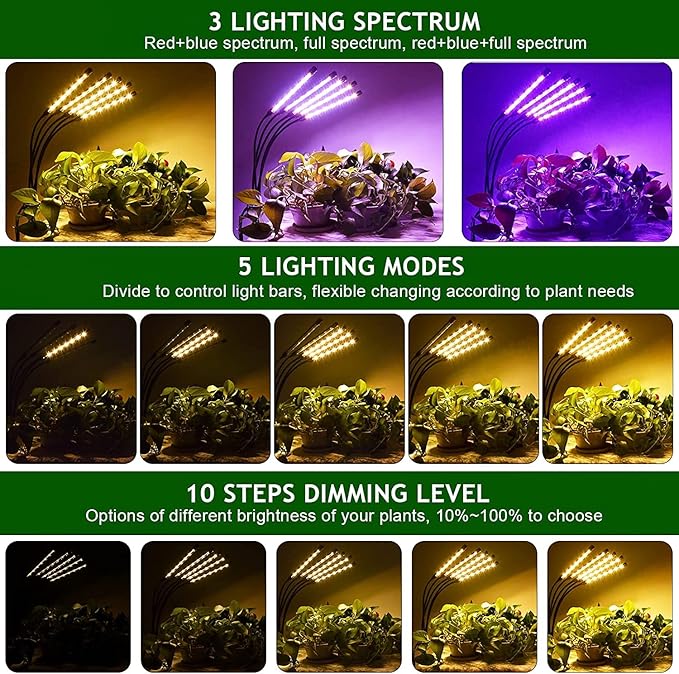 Grow Lights for Indoor Plants,5 Heads Red Blue White Full Spectrum Plant Light with 15-60"