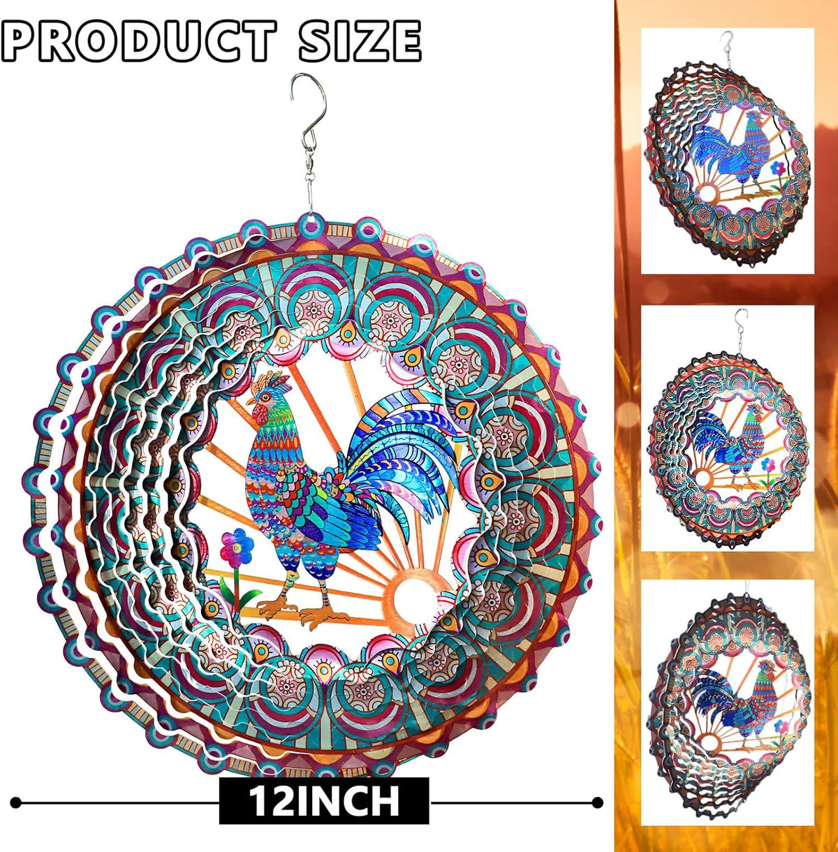 Rooster Wind Spinner - 3D Kinetic Chicken Wind Spinners | 12-Inch Rustproof Metal Hanging