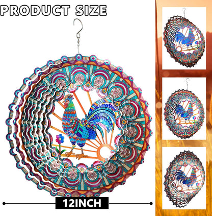 Rooster Wind Spinner - 3D Kinetic Chicken Wind Spinners | 12-Inch Rustproof Metal Hanging