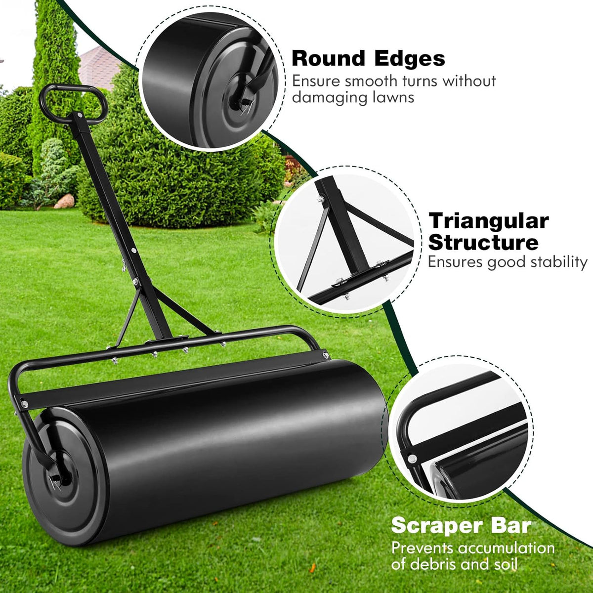 Goplus Lawn Roller, Push/Tow Behind Lawn Roller, 30 Gallon/113L Water Sand Filled Sod Roller Drum