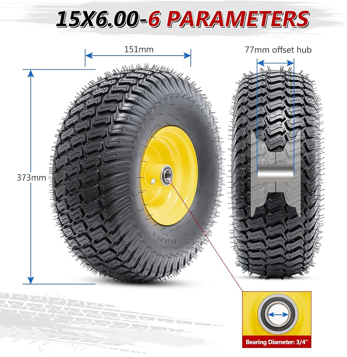 15x6.00-6(4PR) Tubeless Tire and Wheel, 15-Inch Replacement Pneumatic Tires and Wheel with 3/4"
