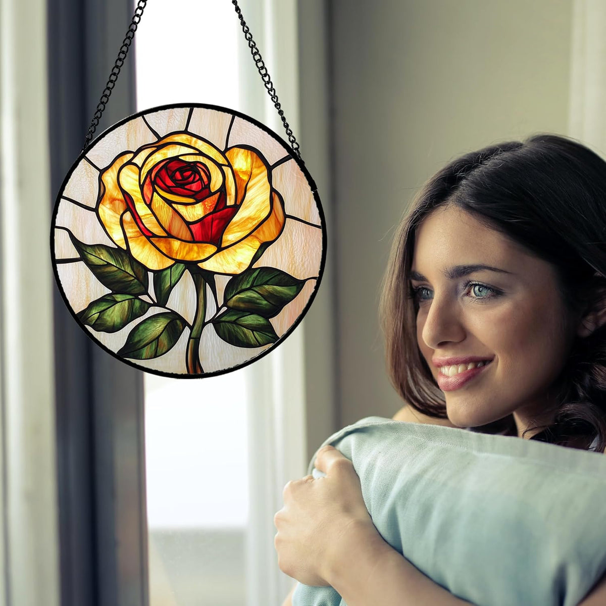 Stained Glass Window Hanging - Elegant Yellow Rose Flower Sun Catcher for Door Garden Home Decor