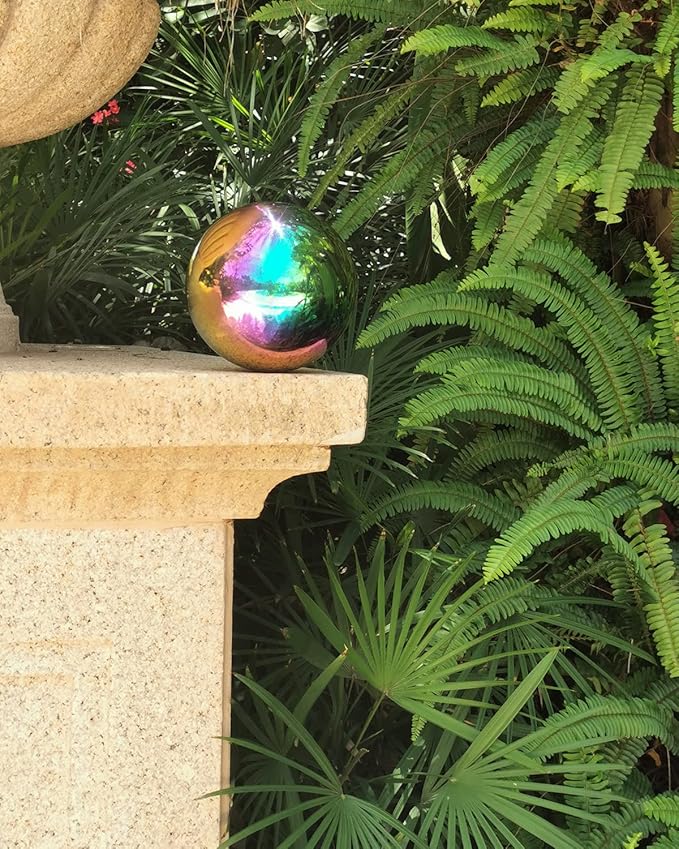 Rainbow Gazing Globe Mirror Ball in Stainless Steel, Shiny Hollow Sphere Sparkling Housewarming