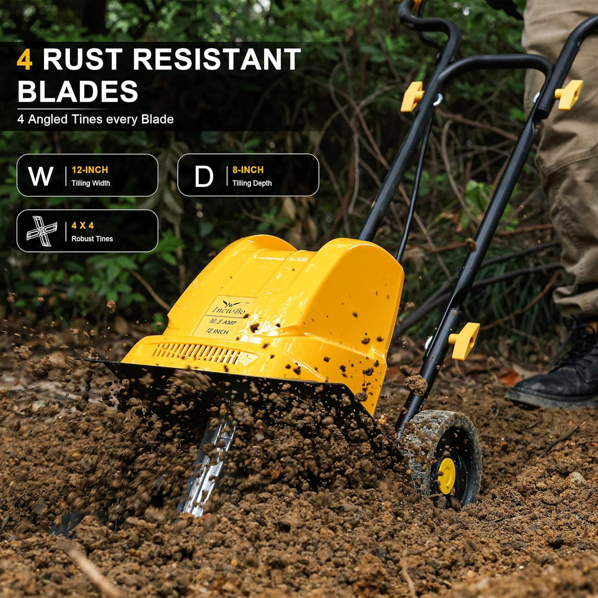 Garden Rototiller 12-Inch 10.5-Amp Corded Electric Tiller/Cultivator, Adjustable Wheels, 8-Inch