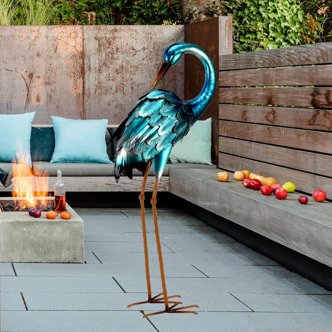 chisheen Crane Garden Statues, Metal Garden Crane Outdoor, Blue Heron Sculpture Metal Yard Art