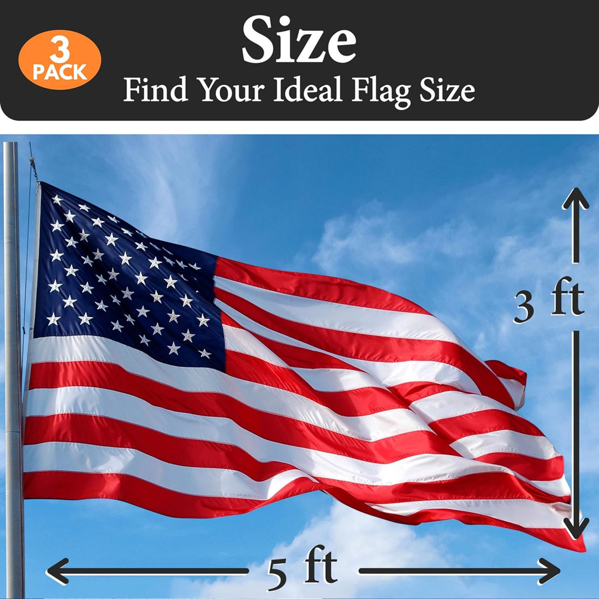 American Flags for Outside 3x5 (Pack of 3) Made in USA - USA Flag, Outdoor Heavy Duty American US