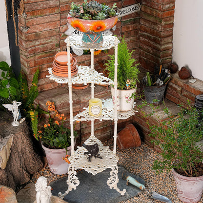 Sungmor Vintage Cast Iron 4-Tier Plant Stand, Elegant Butterfly & Floral Design with Antique White