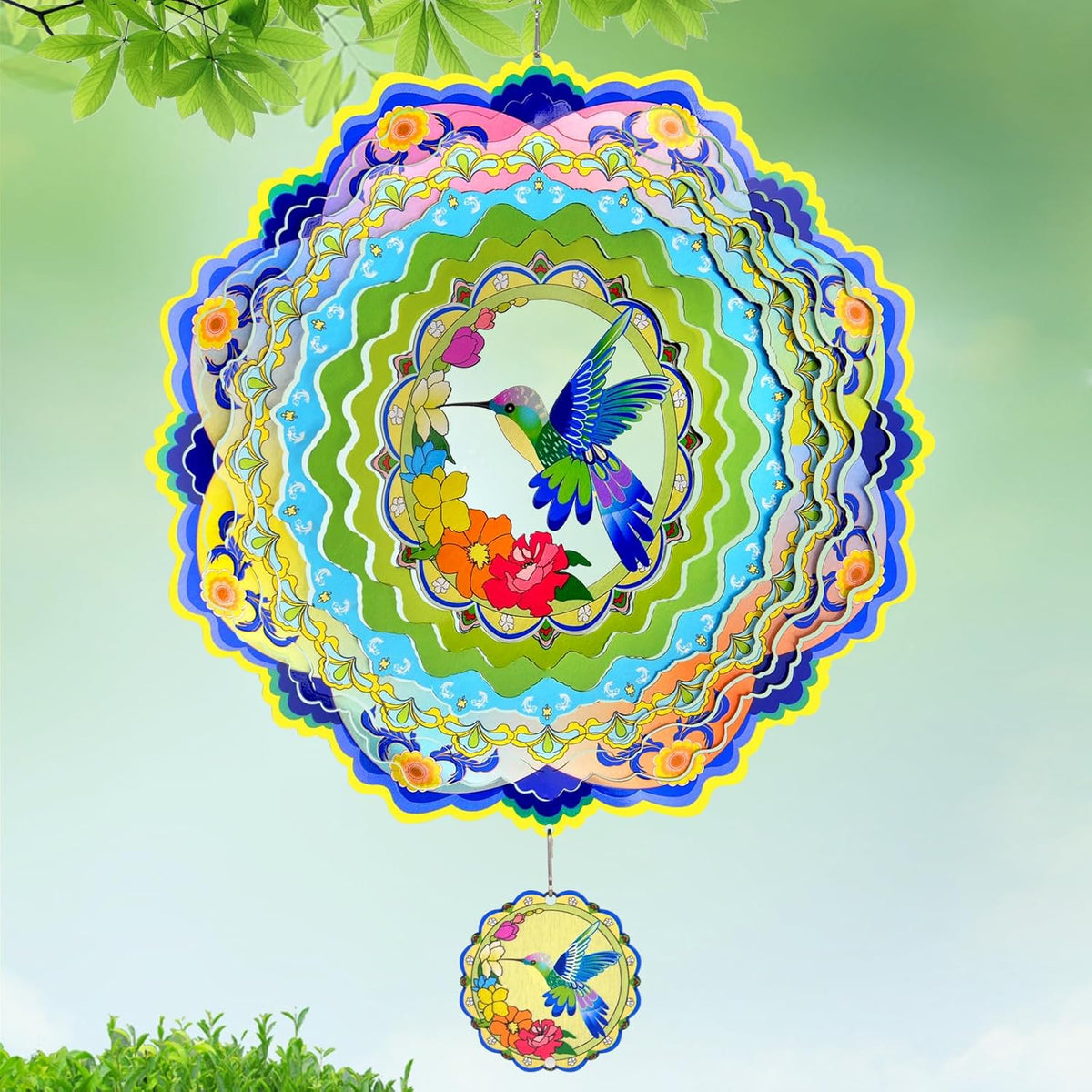 Wind Spinners - 12 Inches Large Metal Hummingbird Wind Spinner, 3D Reflective Wind Sculptures for