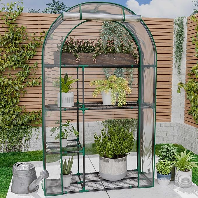 4-Tier Mini Greenhouse, 40 x 18 x 63 inch Steel Frame and PE Cover Plastic Plant Rack Stand Green