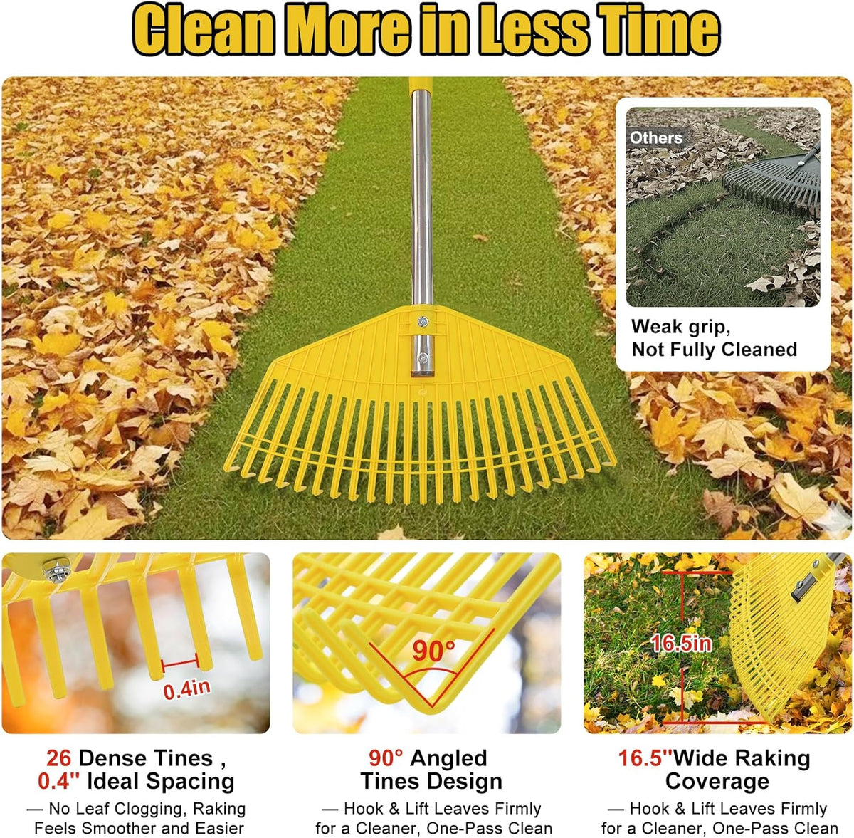 Plastic Leaf Rake for Lawns - Non-Clog, Heavy-Duty 16.5'' Wide Yard & Garden Rake for Leaves