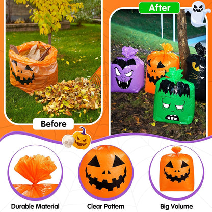 Qilery 6 Pcs Large Halloween Leaf Bags Halloween Reusable Pumpkin Lawn Trash Bags with Twist Ties