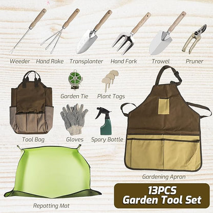 13-Piece Garden Tools Set with Tote Bag & Apron, Repotting Mat - Stainless Steel Heavy Duty