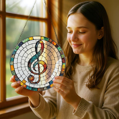 Stained Glass Window Hanging, Pauyadu 8 Inch Musical Stained Glass Suncatcher, Window Decor