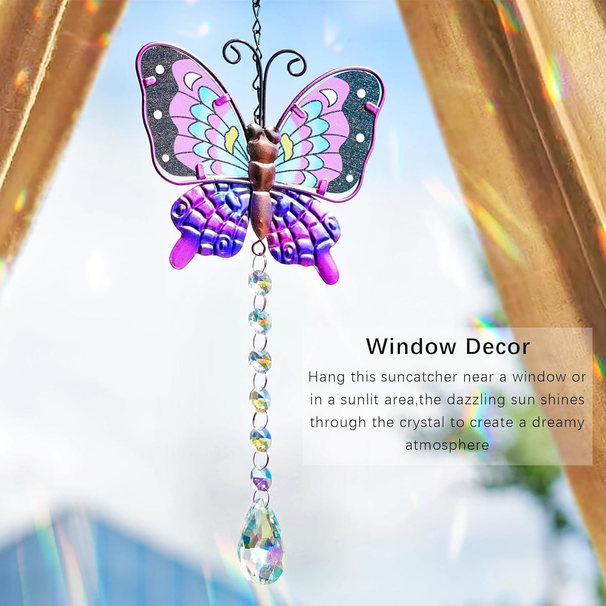 Set 2 Metal Butterfly Suncatchers for Windows - 14" Outdoor Fence Wall Art Decor, Rainbow Prisms
