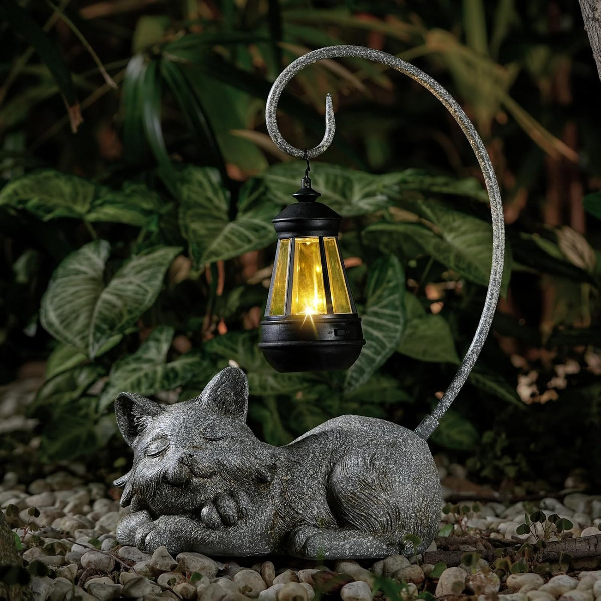 Outdoor Cat Figurine Garden Statue with Solar-Powered LED Light 13.77 Inches Tall Gift Garden