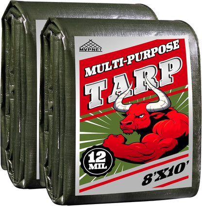 Green/Silver Heavy Duty Waterproof Tarp 8x10FT(2pack), 12mil Thick，Multifunctional tarp Whit