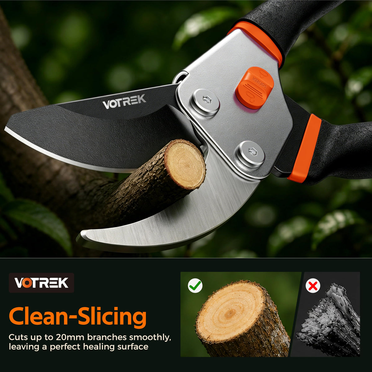 VOTREK® 8.5" Bypass Pruning Shears, Jam-Proof Spring Clippers for branches