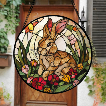 Stained Glass Window Hanging, Cute Bunny Flowers Sun Catcher for Window Door Home Decor, Rabbit