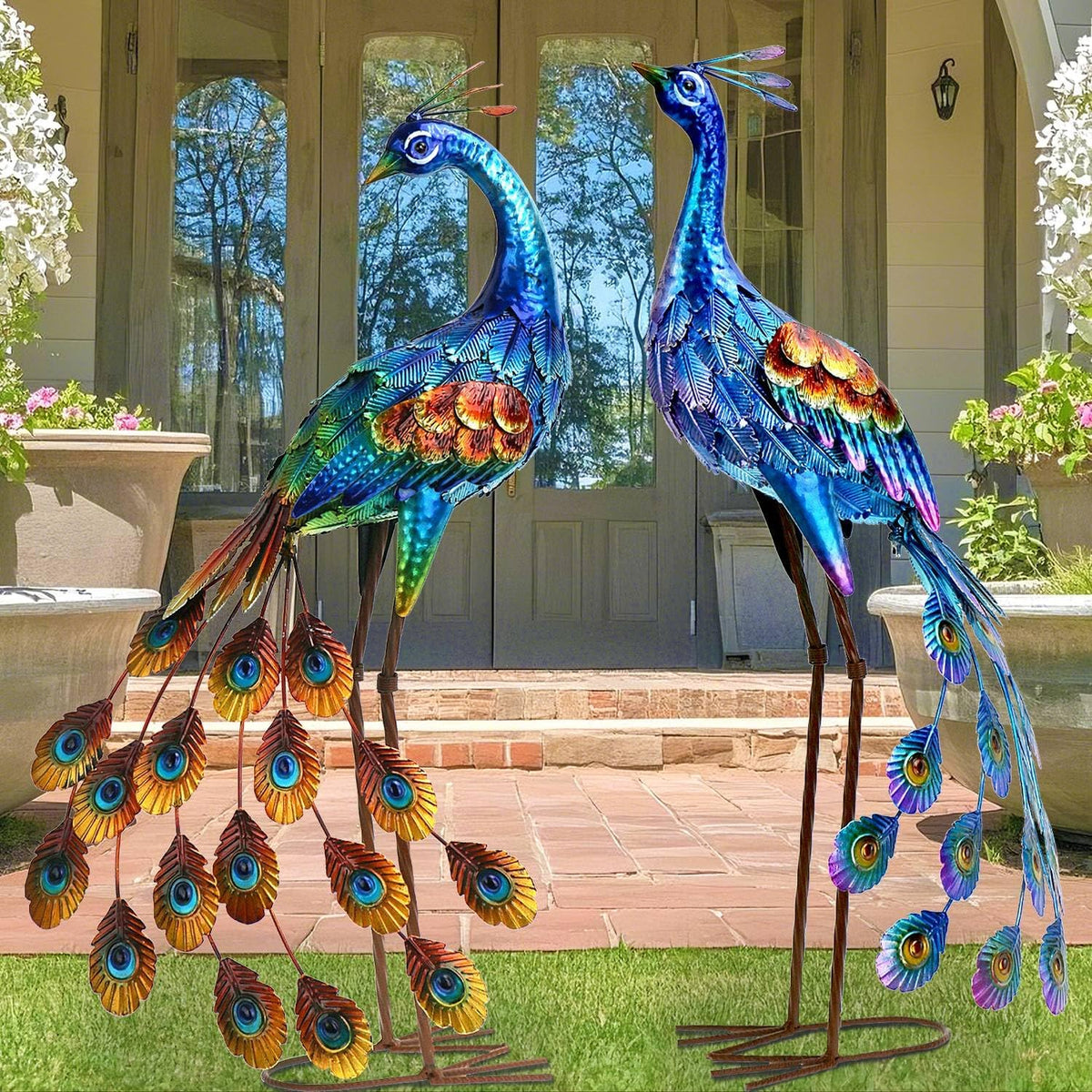 Kircust Peacock Garden Statue and Sculpture, Metal Peacocks Yard Art Lawn Decor, Large Birds Garden