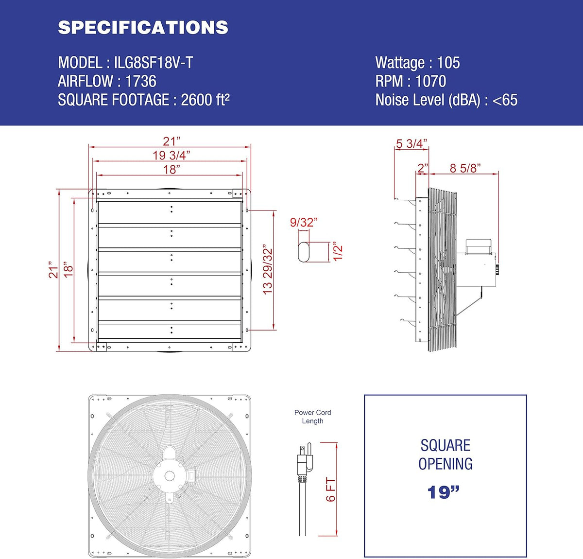 iLIVING 18" Wall Mounted Shutter Exhaust Thermostat Control-3 Speeds Vent Fan for Home Attic, Shed