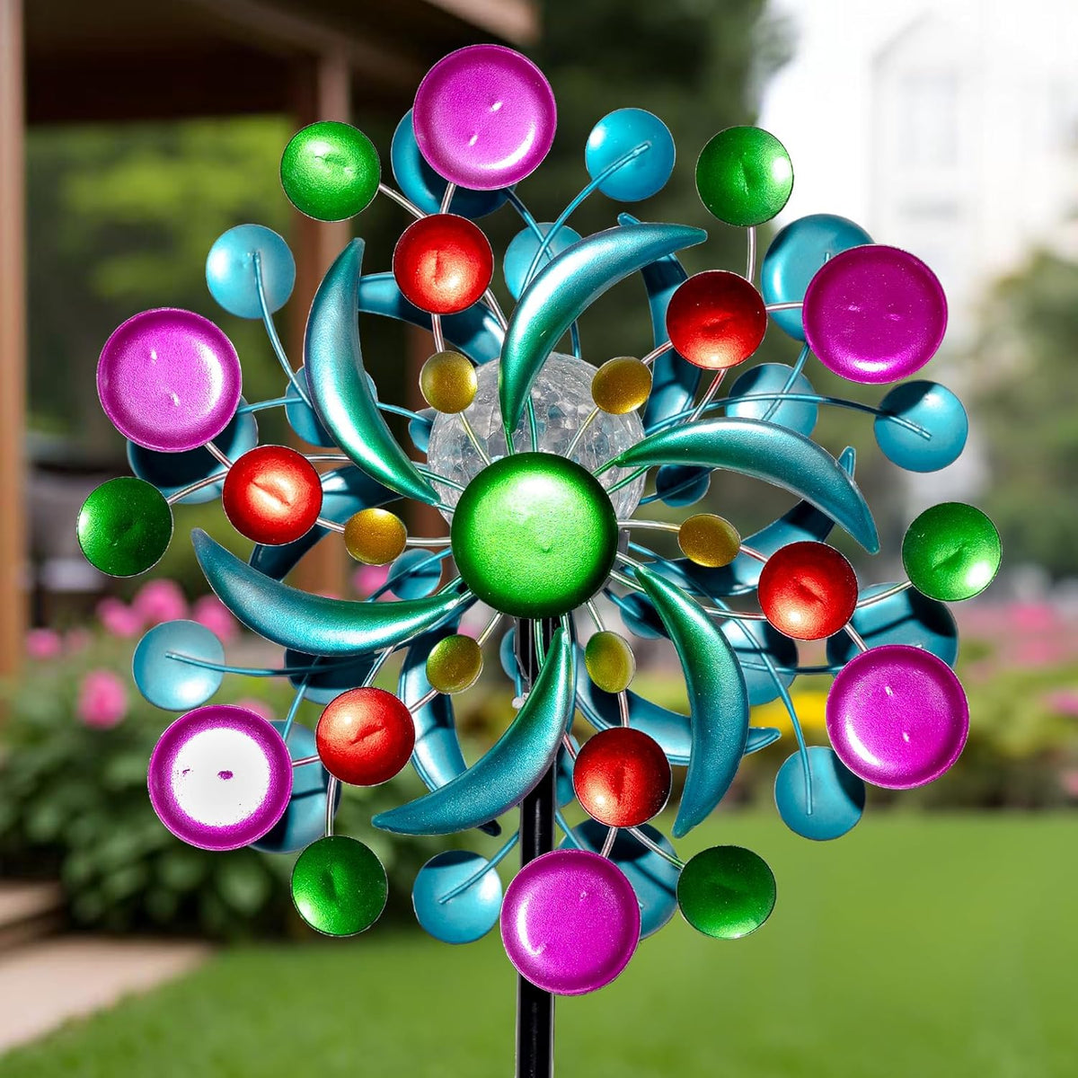 360° Wind Spinners Outdoor with Solar Lights Colorful Dots Garden Decor Yard Lawn Art Decor for