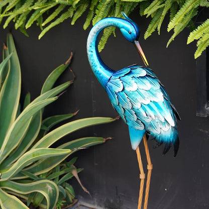 chisheen Crane Garden Statues, Metal Garden Crane Outdoor, Blue Heron Sculpture Metal Yard Art