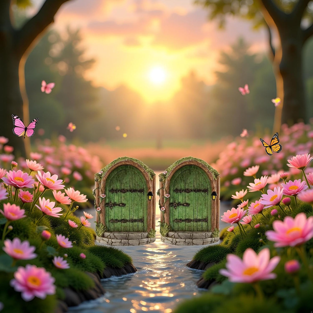 2Pcs Green Fairy Door Wooden Miniature Fairy Gardens Doors Outdoor Mini Fairy Gnome House
