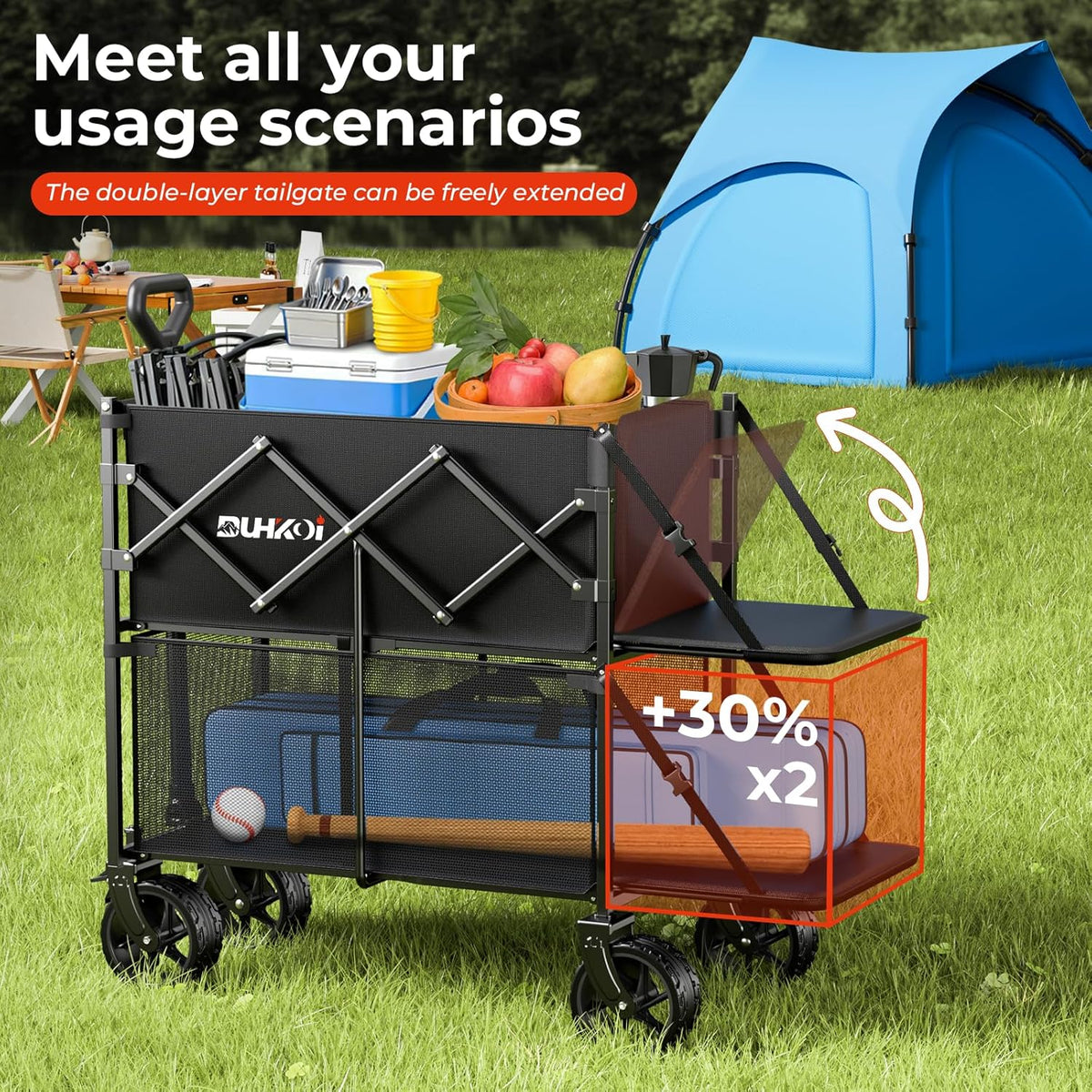 Double Decker Wagon 320L Large Capacity 400LBS Collapsible Sports Utility Cart with Big