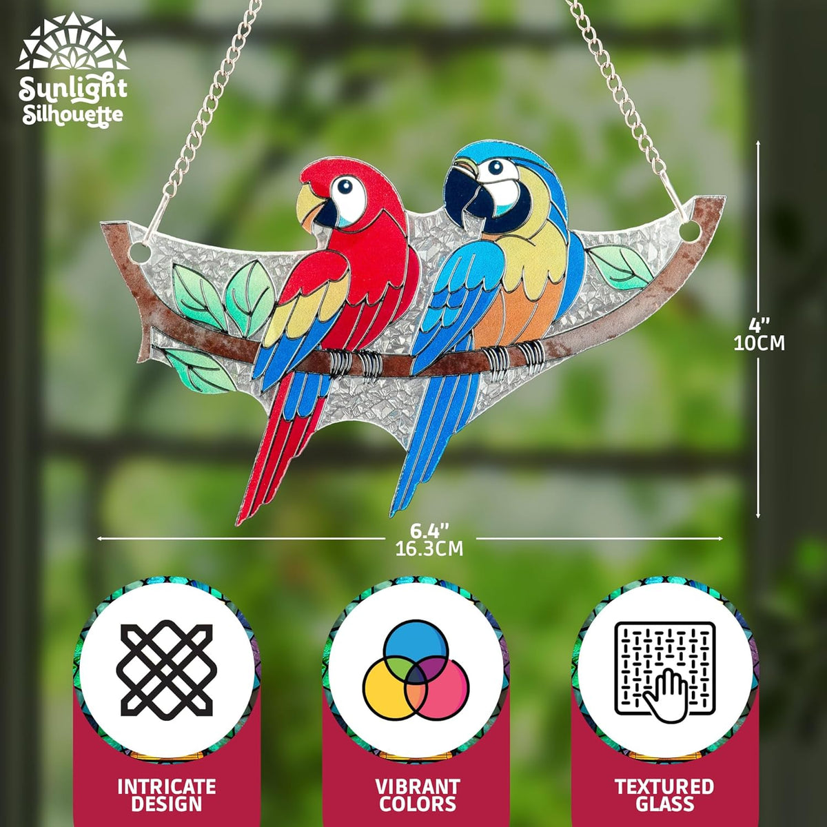 Macaw Bird Stained Glass Suncatcher on Branch 6.4" x 4" Indoor Window Decoration, Ideal Gift for
