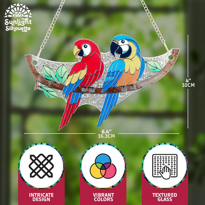 Macaw Bird Stained Glass Suncatcher on Branch 6.4" x 4" Indoor Window Decoration, Ideal Gift for