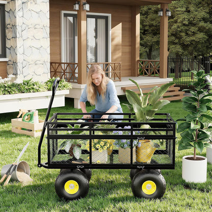 Metal Wagon - 1400lbs Garden Cart with 10" Multi-Terrain Tires, 4 Removable Mesh Sides & 180°