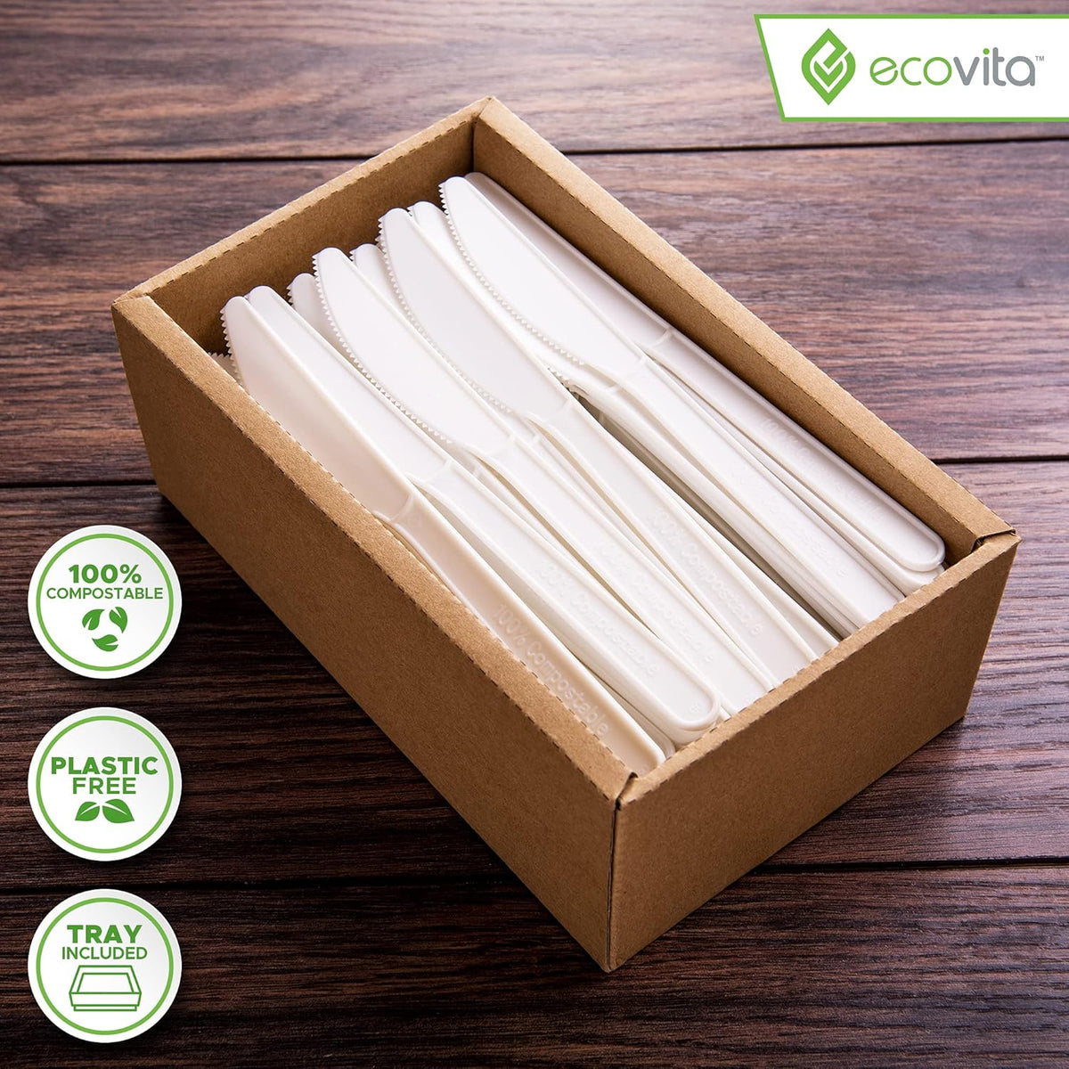 Ecovita 100% Compostable Knives - 140 Large Disposable Utensils (7 in.) Eco Friendly Durable and