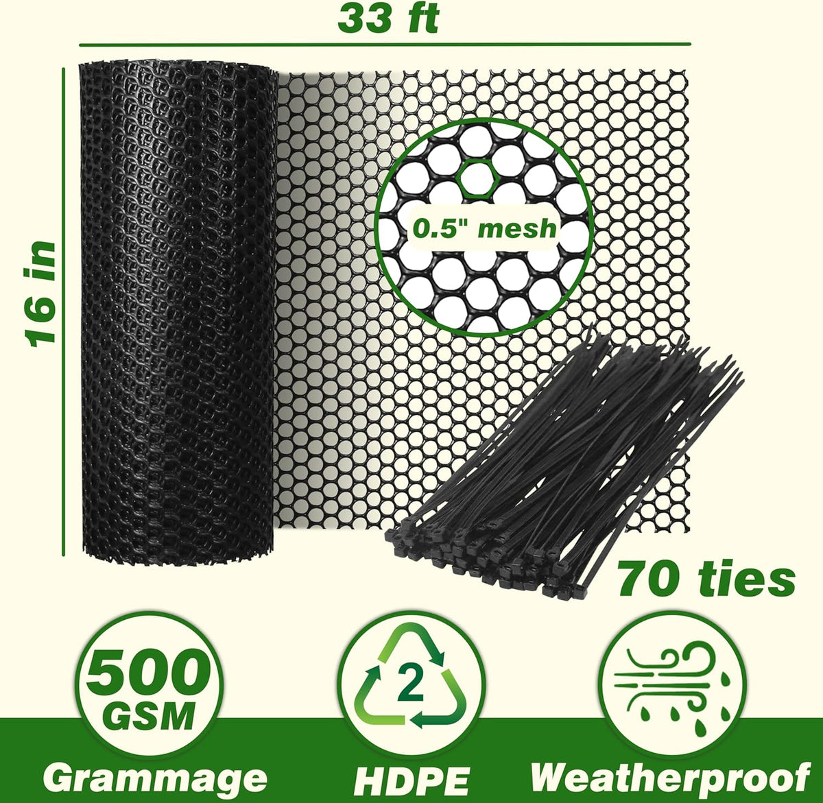 Gardzen Plastic Chicken Wire Mesh with 70 pcs Ties, 16in x 33ft Durable Chicken Fence for Poultry
